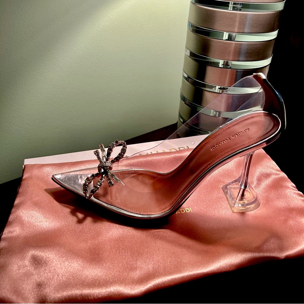 Amina Muaddi  Rosie Glass metallic leather-trimmed crystal-embellished pumps
